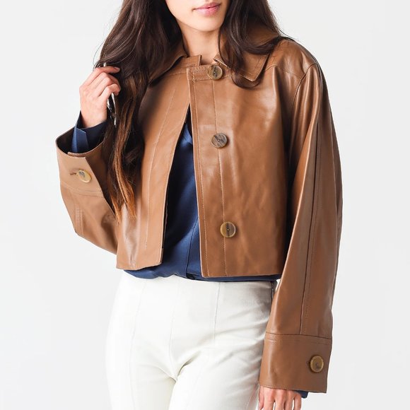 VINCE Cropped Leather Jacket In Fawn